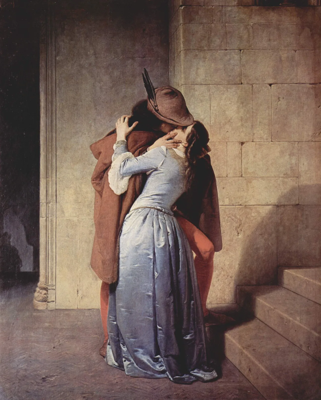 Francesco Hayez, 'Il bacio' (Öpücük), 1859 — Risorgimento ruhunu simgeleyen tablo; merdivende öpüşen genç çift, kadının elbisesi mavi-beyaz, erkeğin pelerini kırmızı