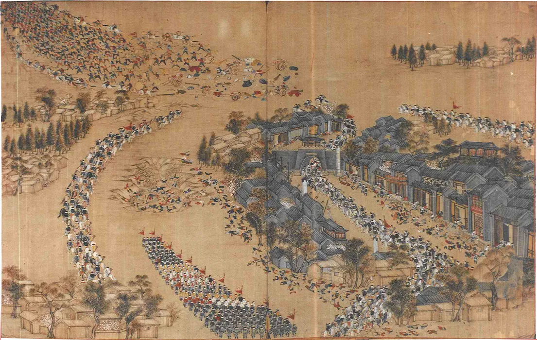1854 Wangjiakou ambush — contemporary Chinese painting of Qing forces surrounding and overwhelming a Taiping column: banners, cavalry and close-quarters combat