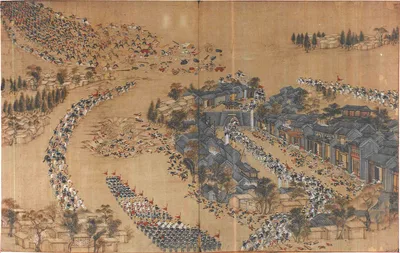 1854 Wangjiakou ambush — contemporary Chinese painting of Qing forces surrounding and overwhelming a Taiping column: banners, cavalry and close-quarters combat