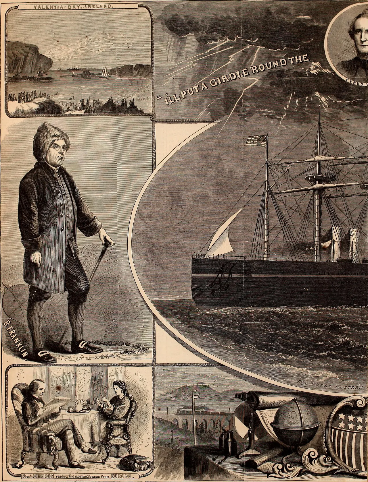 Harper's Weekly 1865 engraving: the cable-laying steamship Great Eastern at sea, smoke and massive hull prominent, cable drums on deck