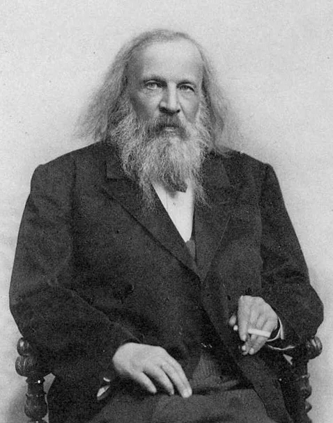 Portrait of Dmitri Mendeleev around the 1890s: long beard, unkempt hair, plain coat