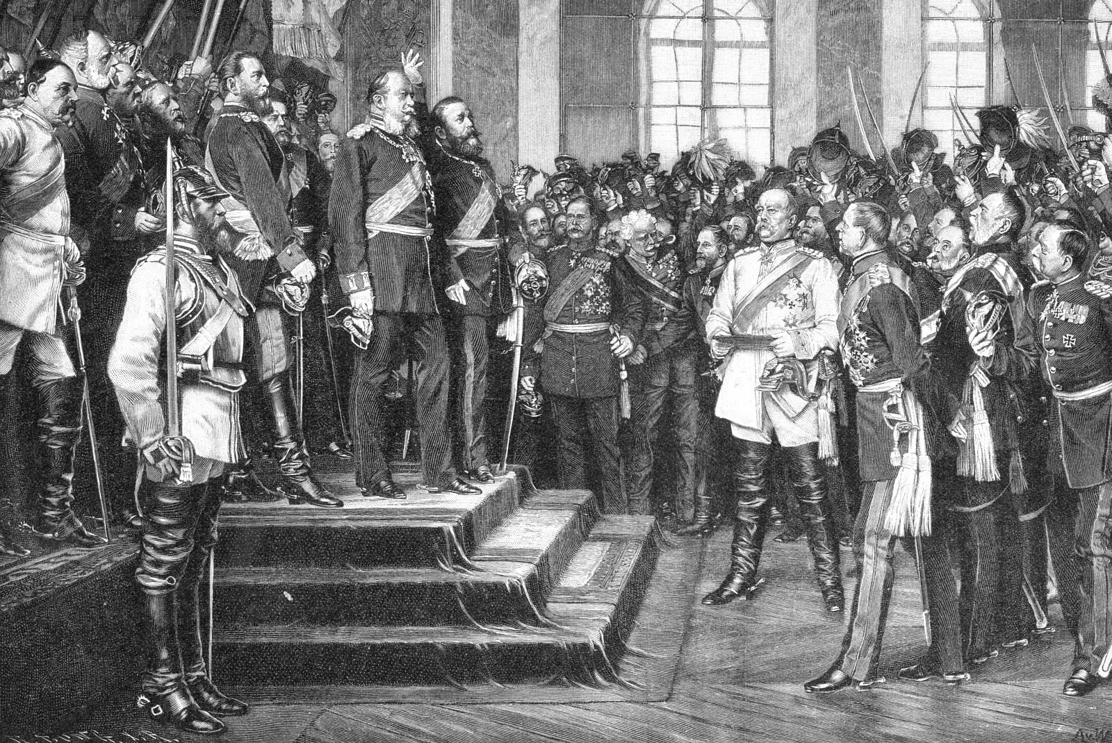 Anton von Werner's 'Proclamation of the German Empire': officers raising their swords in the Hall of Mirrors, Wilhelm I on the dais, Bismarck in white uniform at the front