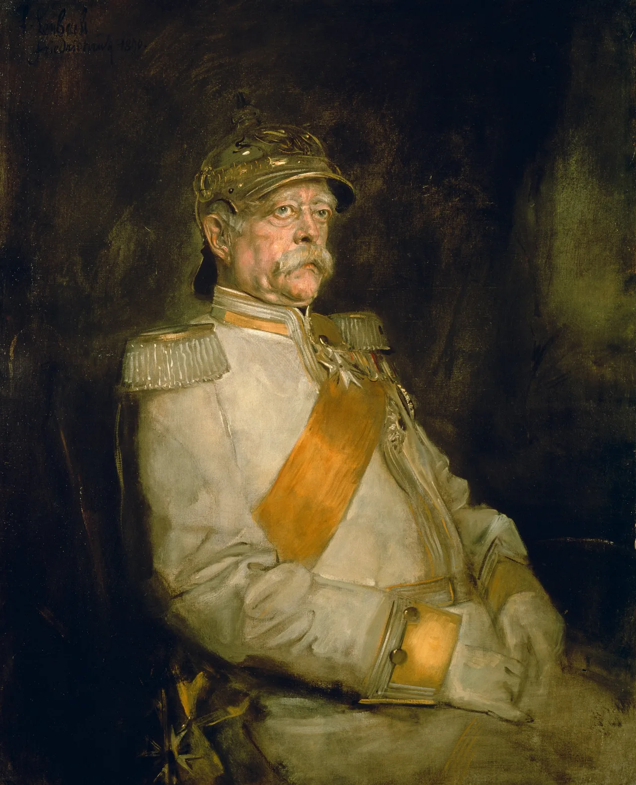 Franz von Lenbach's portrait of Bismarck (1890): in the cuirassier uniform of Halberstadt, with a heavy, attentive gaze