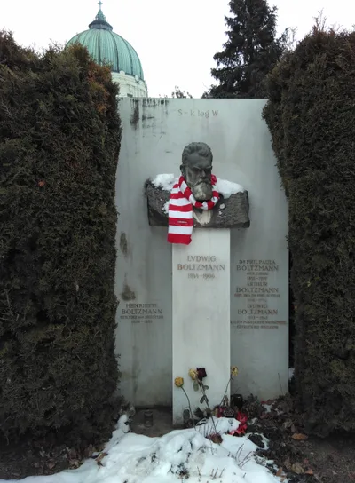 Boltzmann's bust at Vienna's Central Cemetery with the formula S = k log W above it