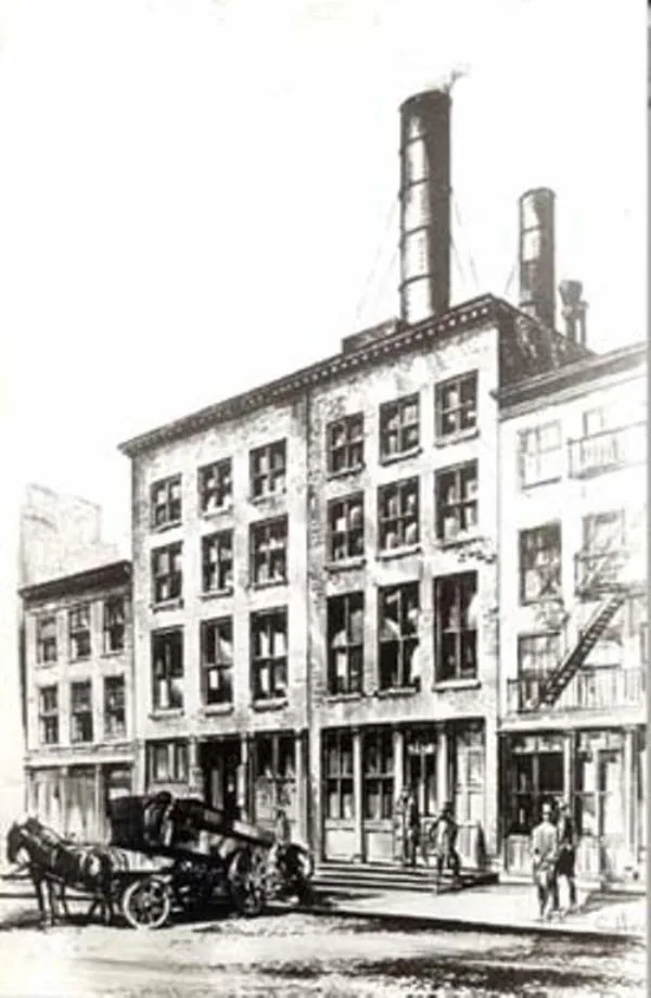 Nineteenth-century engraving of the engine room of the Pearl Street Station in Manhattan: rows of large 'Jumbo' dynamos and steam engines