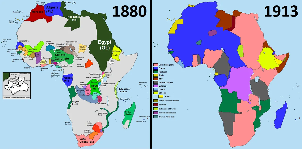 1880 ve 1913 yıllarındaki Afrika haritalarının yan yana karşılaştırması; ikincisinde kıtanın neredeyse tamamı Avrupa sömürge renkleriyle boyalı.