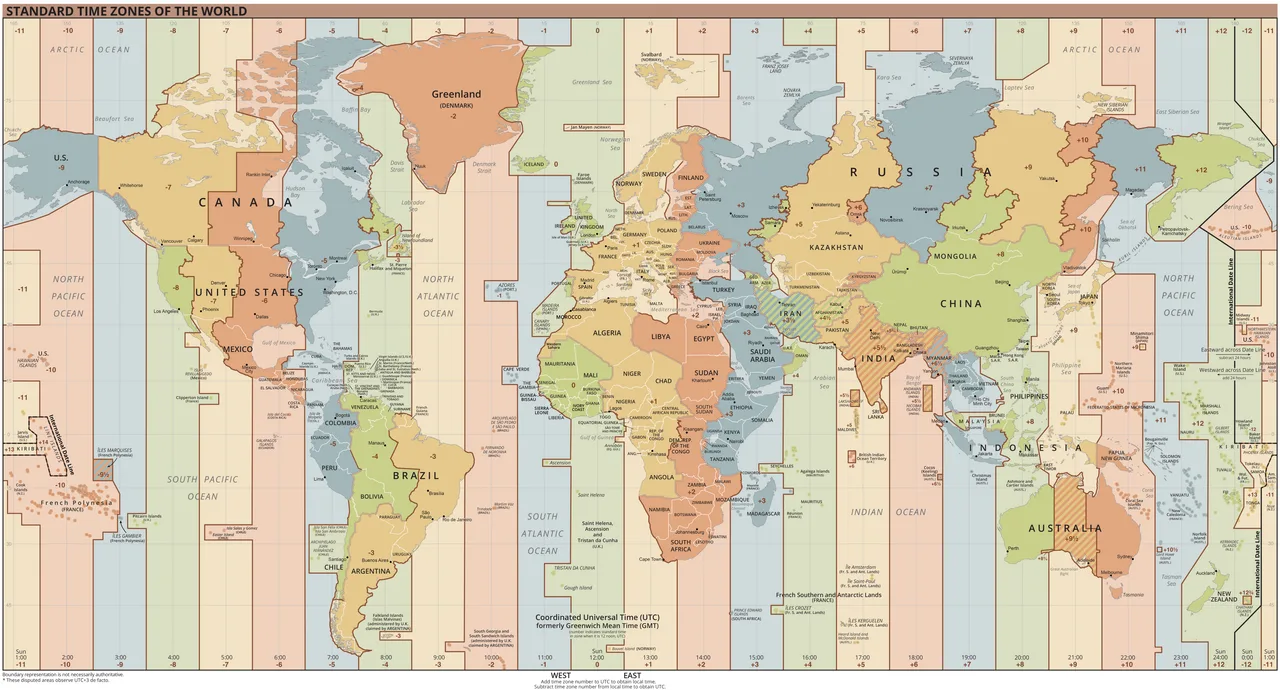 World map of time zones: 24 coloured bands of one hour each, anchored on the Greenwich meridian.