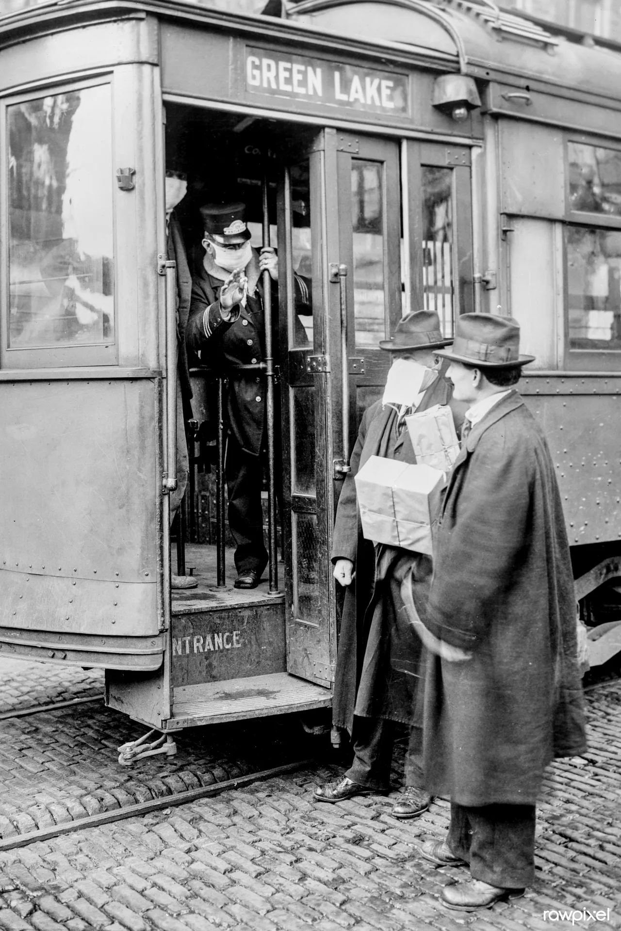 1918 İspanyol Gribi sırasında Seattle'da maskesiz yolcuları tramvaya almayan bir kondüktör