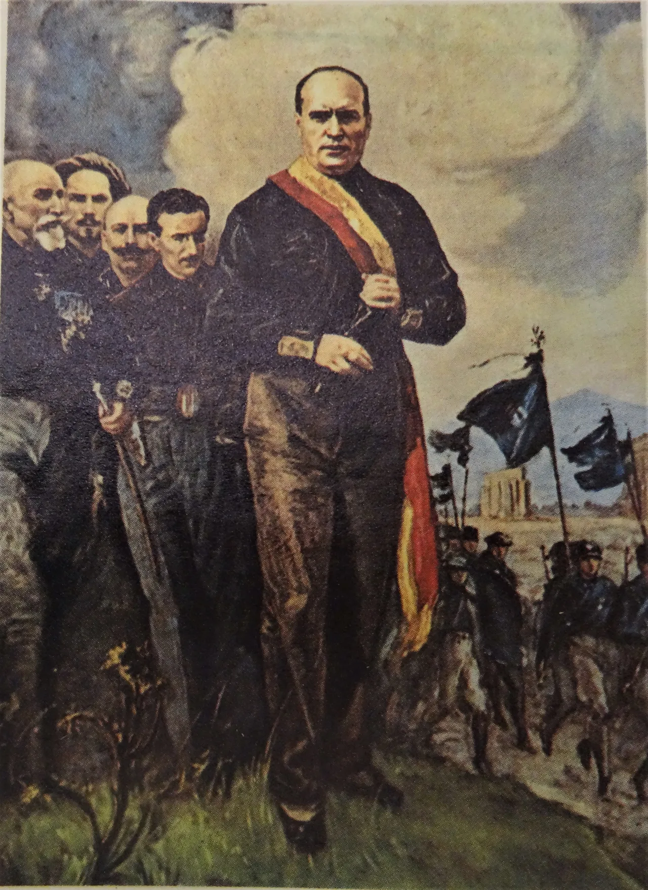 Mussolini ve 'kuadrumvirler' — Roma Yürüyüşü'nü yöneten dört faşist komutan (Italo Balbo, Emilio De Bono, Cesare Maria De Vecchi, Michele Bianchi) — Silvio Galimberti'nin anma tablosu