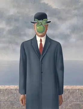 René Magritte's 1964 painting "The Son of Man" — a bowler-hatted man whose face is hidden by a hovering green apple