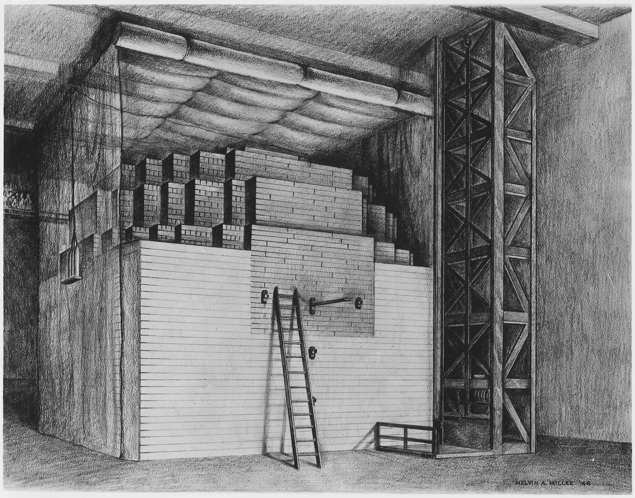 Gary Sheahan painting: scientists in white coats work around a pyramidal stack of dark graphite blocks beneath a covered sports field; a group of observers stands on an elevated balcony at the back