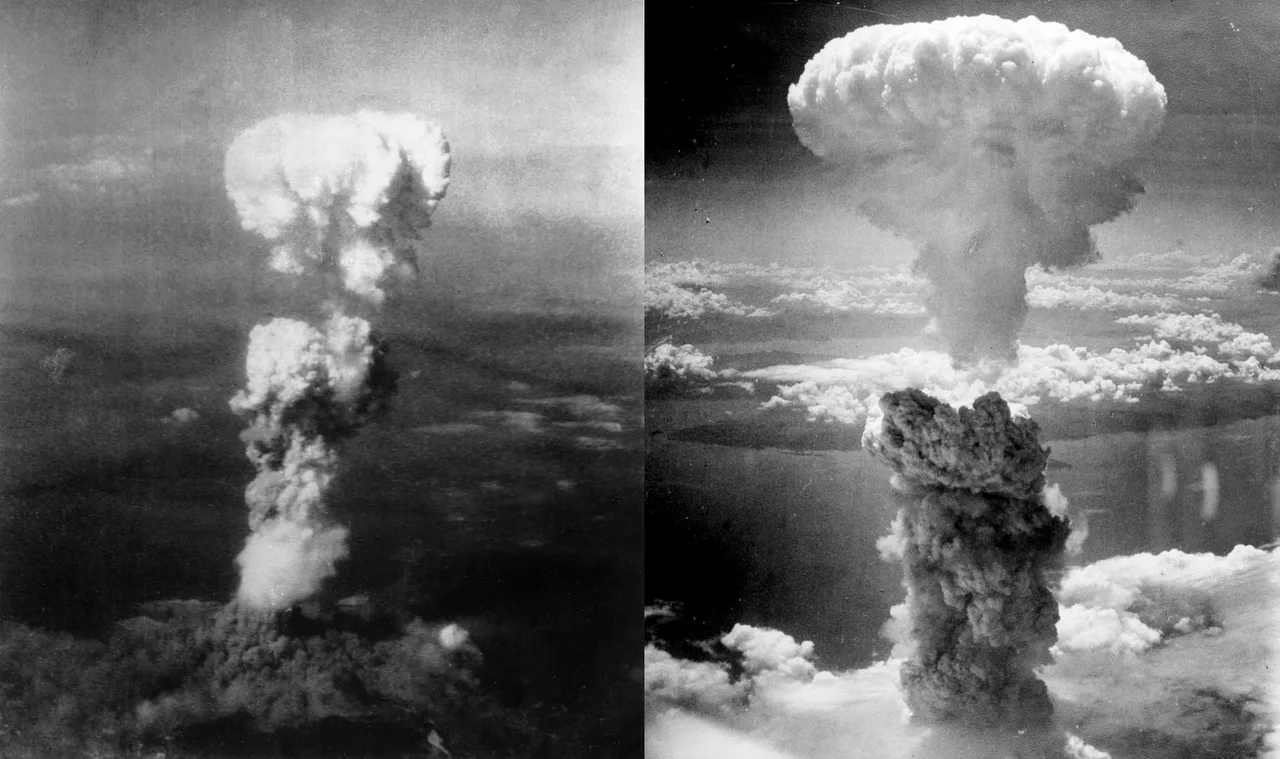 Hiroşima ve Nagasaki üzerinde yükselen mantar bulutlarının yan yana görüntüsü