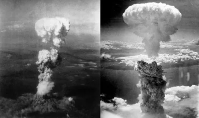 Mushroom clouds over Hiroshima and Nagasaki shown side by side