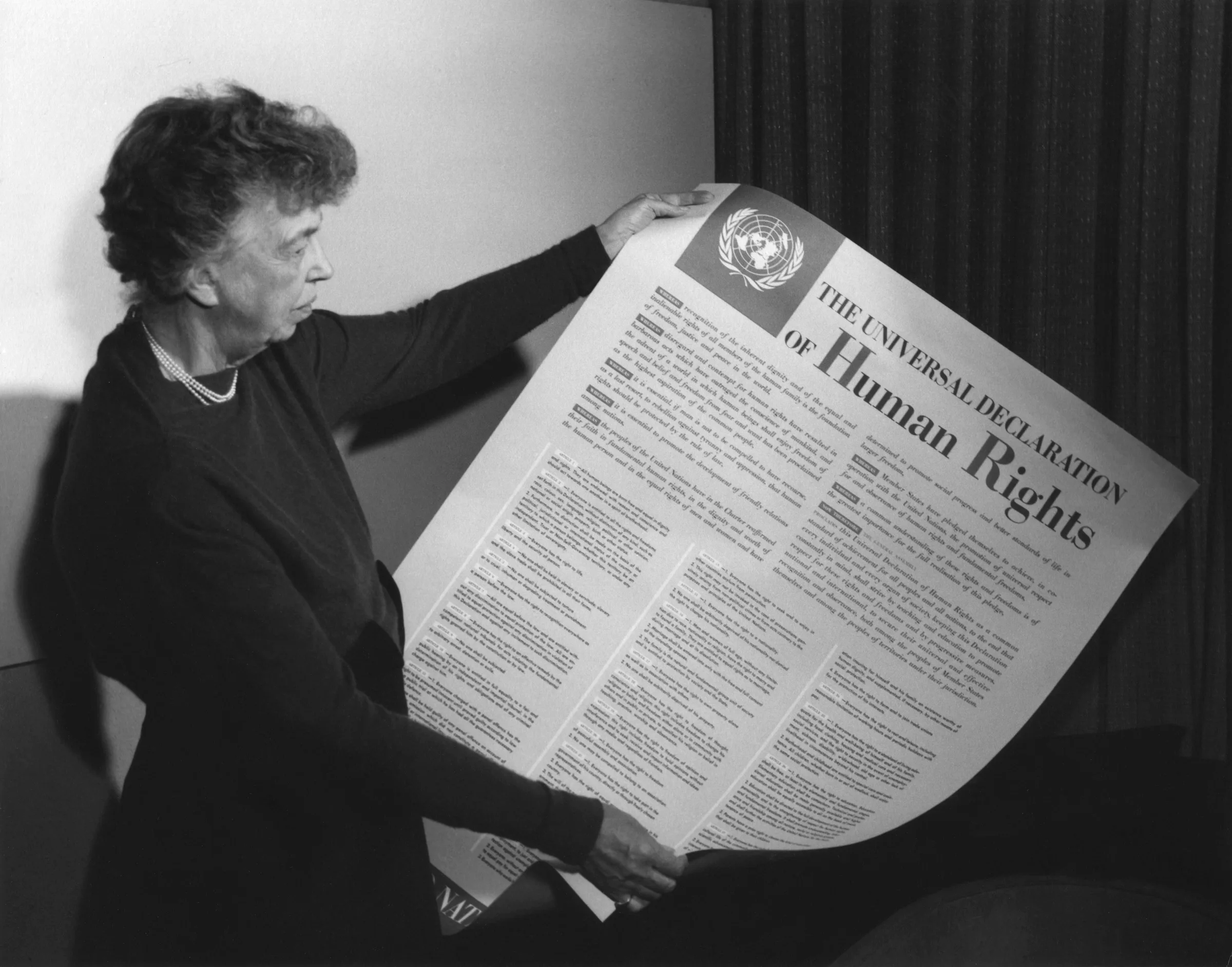 Eleanor Roosevelt İnsan Hakları Evrensel Beyannamesi'nin İngilizce posterini tutarken, Lake Success, New York, Kasım 1949