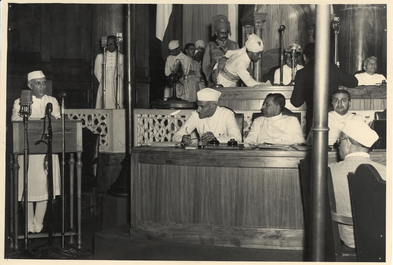 Jawaharlal Nehru delivering his 'tryst with destiny' speech at the Constituent Assembly on the night of 14–15 August 1947