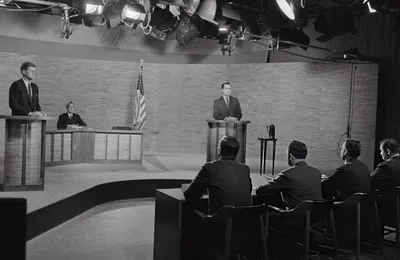 John F. Kennedy and Richard Nixon at their lecterns during the second presidential debate at the WRC-TV studios in Washington, 7 October 1960