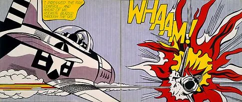 Roy Lichtenstein'ın 1963 tarihli iki panelli tablosu "Whaam!" — savaş çizgi romanından alınmış patlama sahnesi