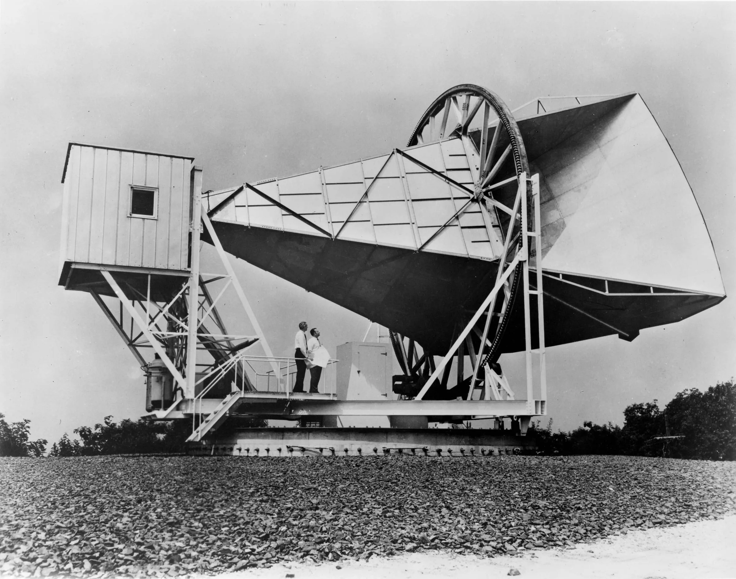 The large horn antenna at Holmdel: a funnel-shaped metal structure aimed at the sky