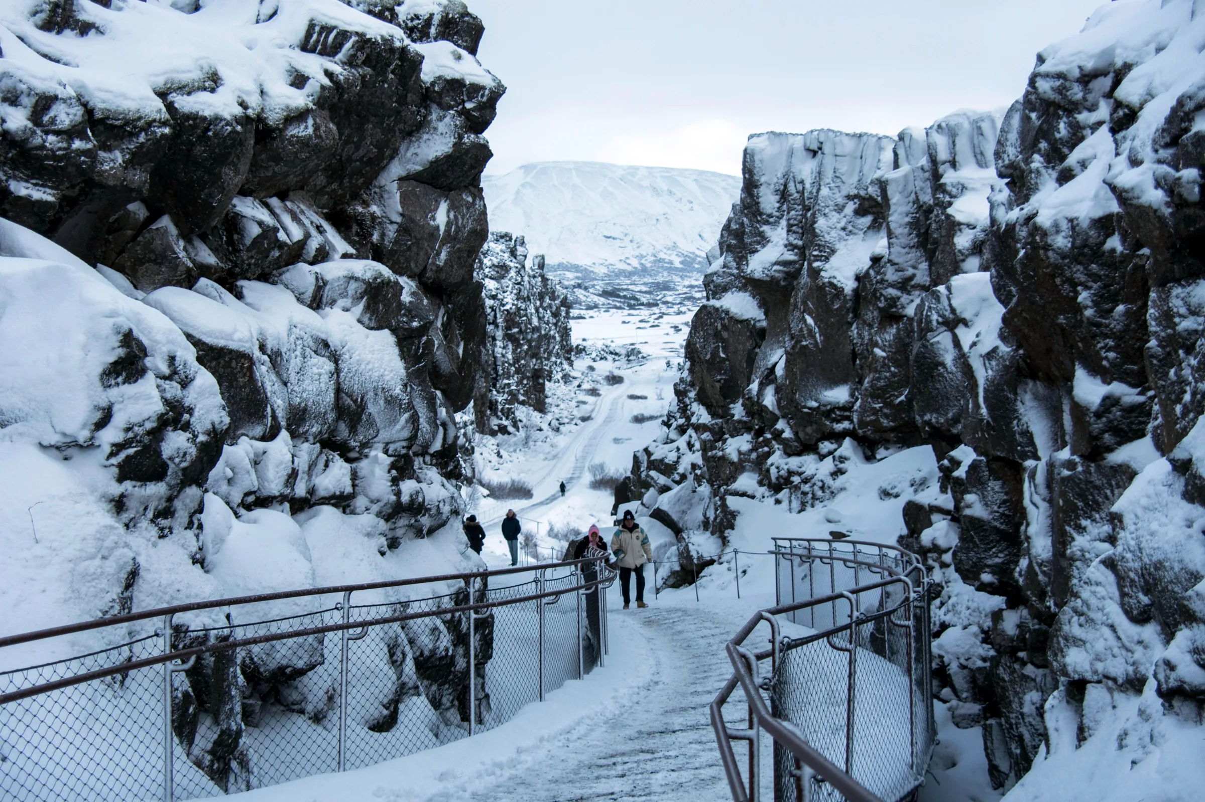 The Þingvellir rift valley in Iceland: a straight depression between basalt walls, with a lake beyond