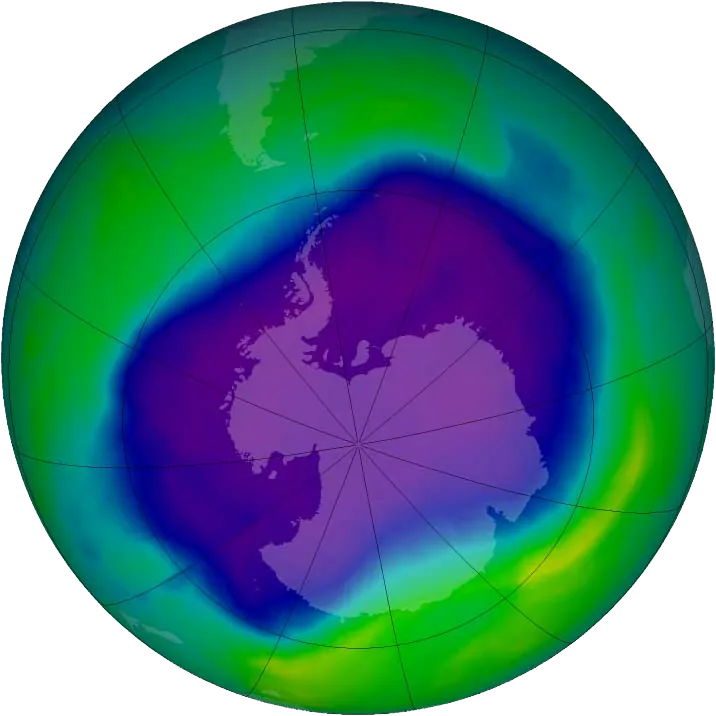 Satellite map of ozone over Antarctica in a colour scale: a broad blue-violet area over the pole