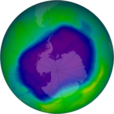 Satellite map of ozone over Antarctica in a colour scale: a broad blue-violet area over the pole