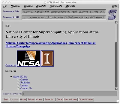 Screenshot of the NCSA Mosaic browser: a web page in a grey interface with navigation buttons along the top