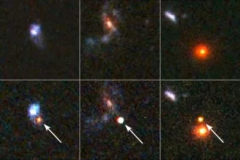 Hubble Space Telescope comparison frames showing three very distant supernova candidates
