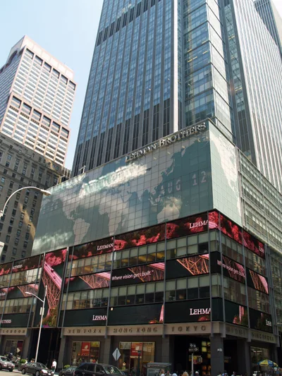 The Manhattan headquarters of Lehman Brothers on Times Square, photographed before the bankruptcy