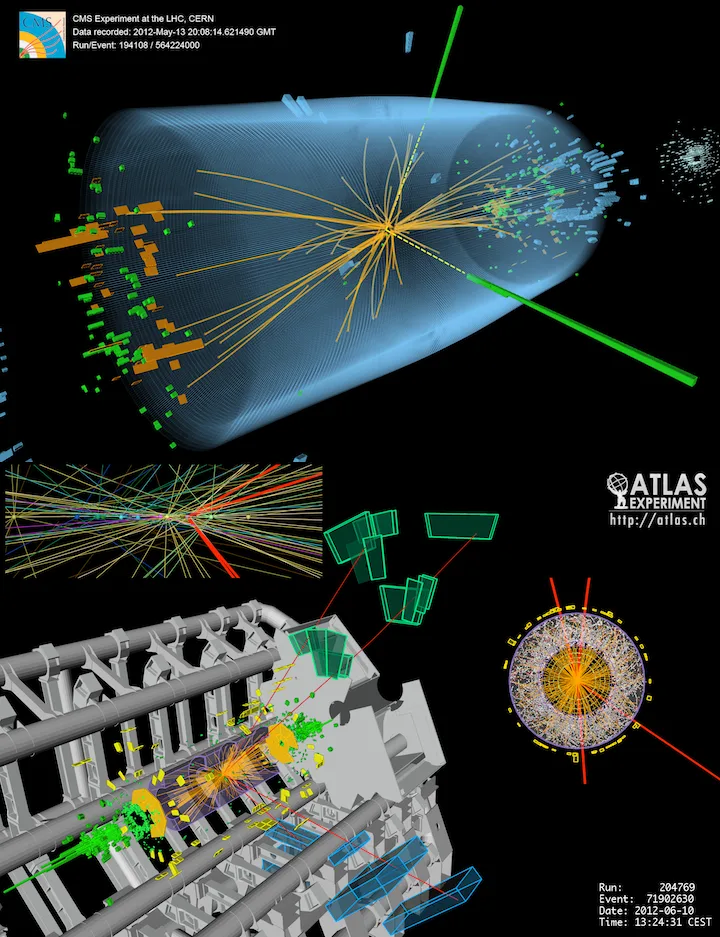 Two stacked computer visualisations: tracks of leptons and photons spraying outward from the collision points inside the ATLAS and CMS detectors, shown as coloured bars and curves