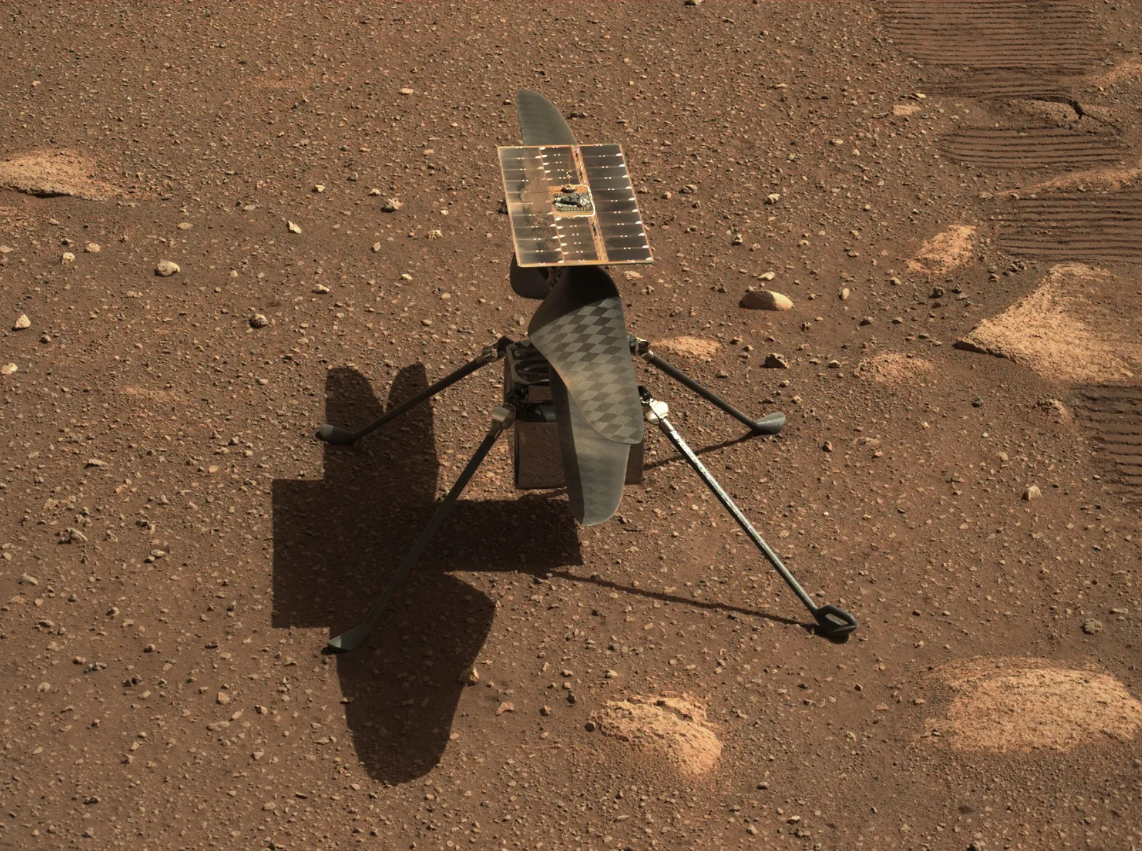 Mars yüzeyinde, kırmızı toprak ve çakıl üzerinde duran dört ayaklı küçük helikopter Ingenuity