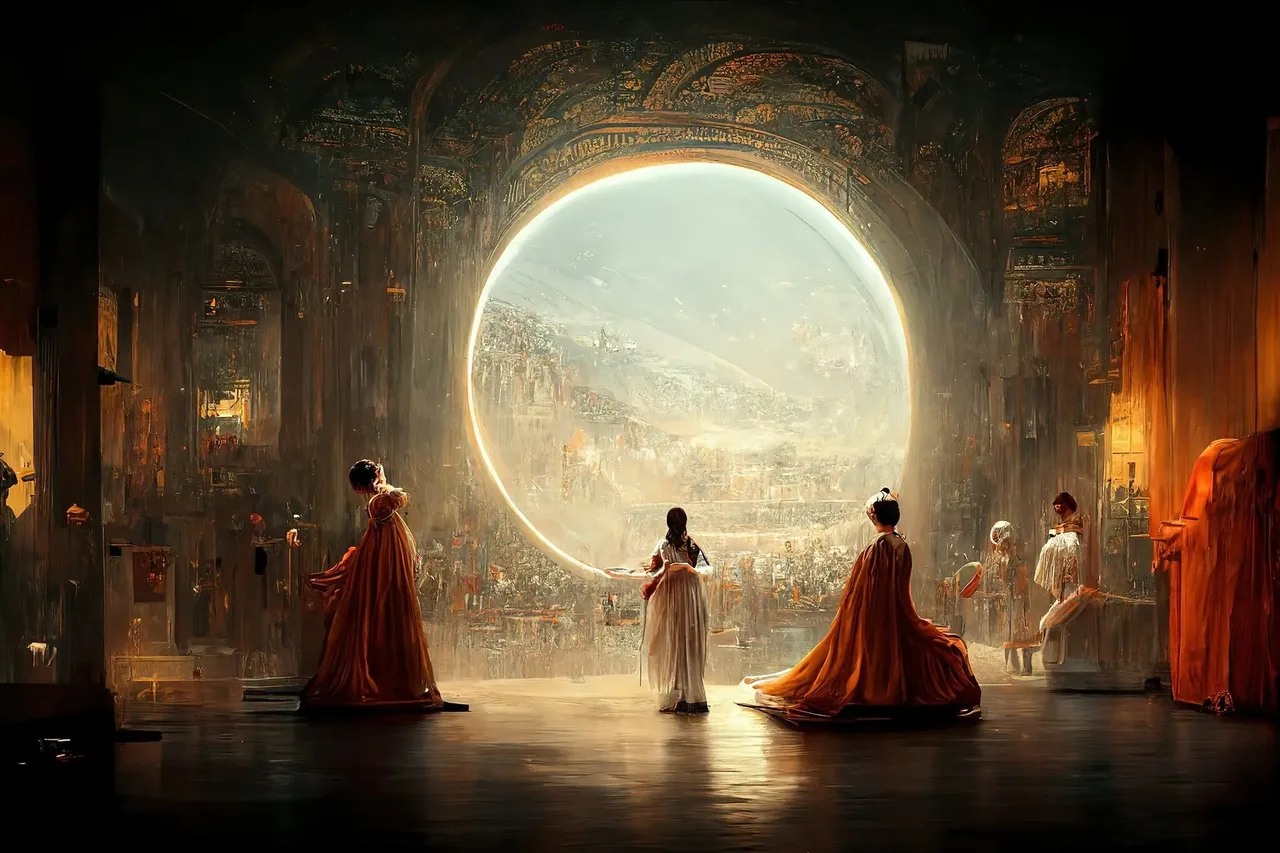 'Théâtre D'opéra Spatial', a Midjourney-generated digital image: figures in alien costumes on a baroque opera stage, lit dramatically in the aesthetic of classical painting