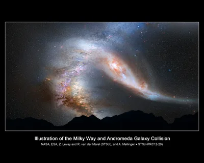 Scientific visualisation of a future night sky: a large, distorted galaxy disc above the horizon