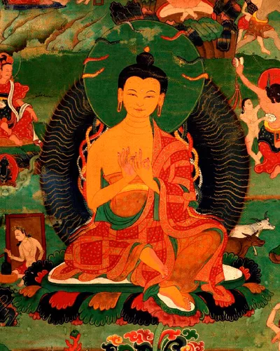 A traditional Tibetan painting depicting Nagarjuna: a figure in meditation posture with a halo of serpents behind his head