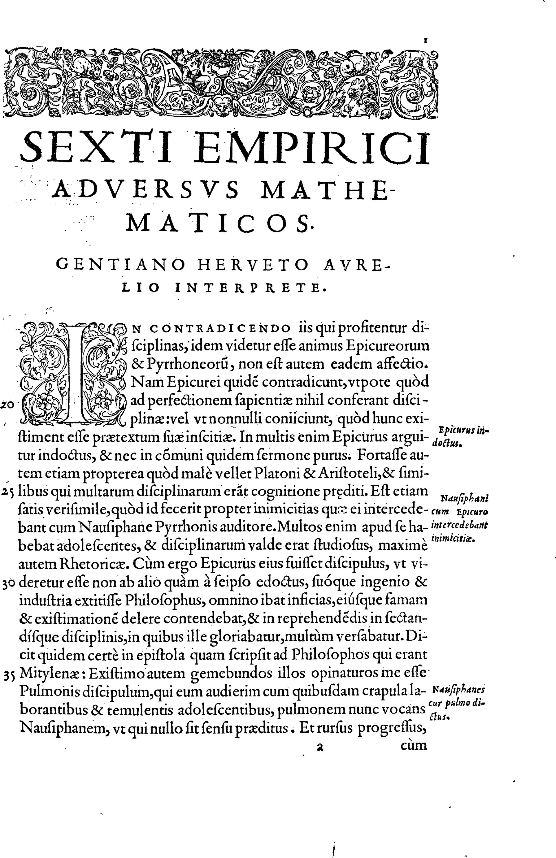 Sextus Empiricus'un "Adversus Mathematicos" adlı eserinin basılı bir baskısının Latince başlık sayfası