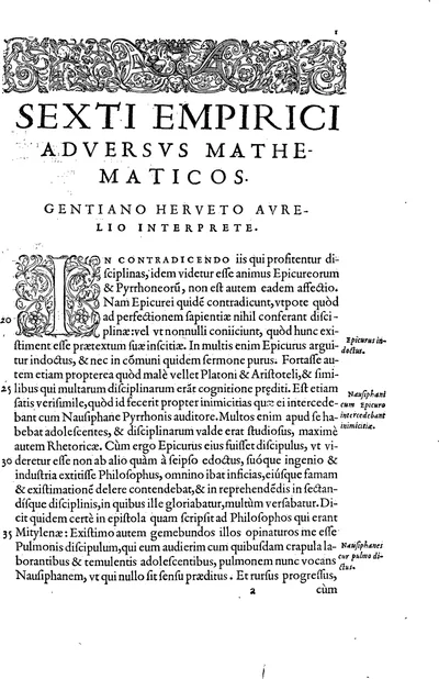 The Latin title page of a printed edition of Sextus Empiricus's "Adversus Mathematicos"