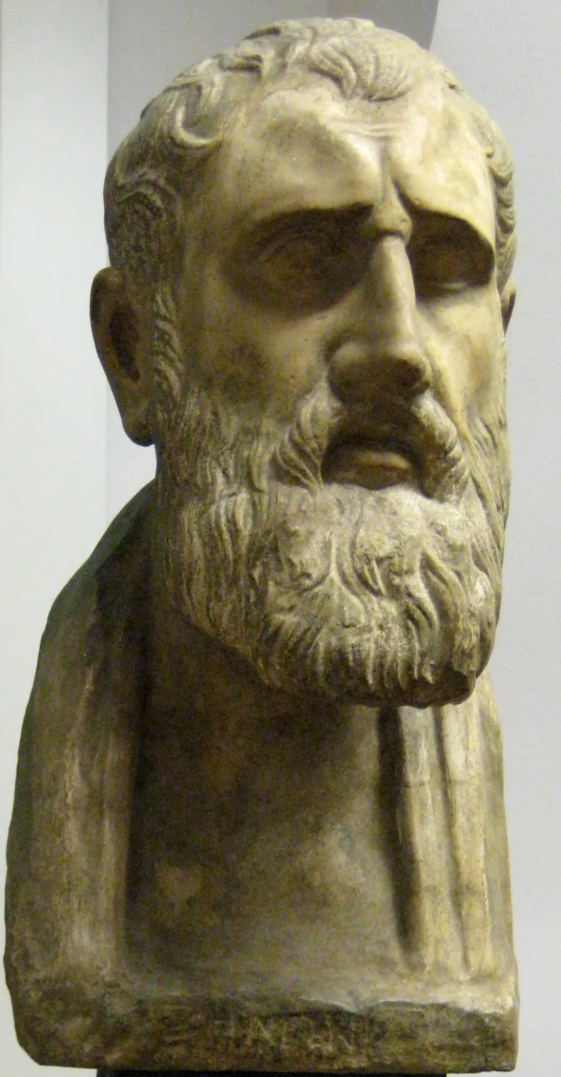 A marble herm of Zeno of Citium — a bearded man with a sober expression; the Pushkin Museum cast of the original in Naples