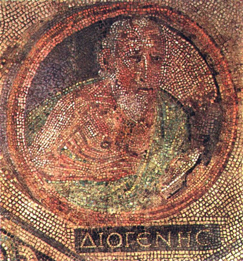 Diogenes'i betimleyen bir Roma mozaiği: bir fıçının yanında duran, asalı yaşlı bir adam ve bir köpek