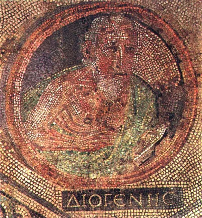 A Roman mosaic depicting Diogenes: an old man with a staff standing beside a jar, and a dog