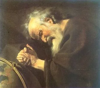 Johannes Moreelse's c. 1630 painting: Heraclitus with hand on temple, head bowed, melancholy and pensive, a globe of the world before him