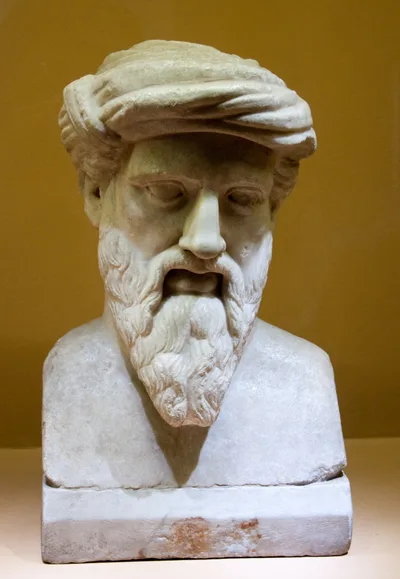 A Roman marble bust thought to depict Pythagoras: a bearded figure with a wrapped headband