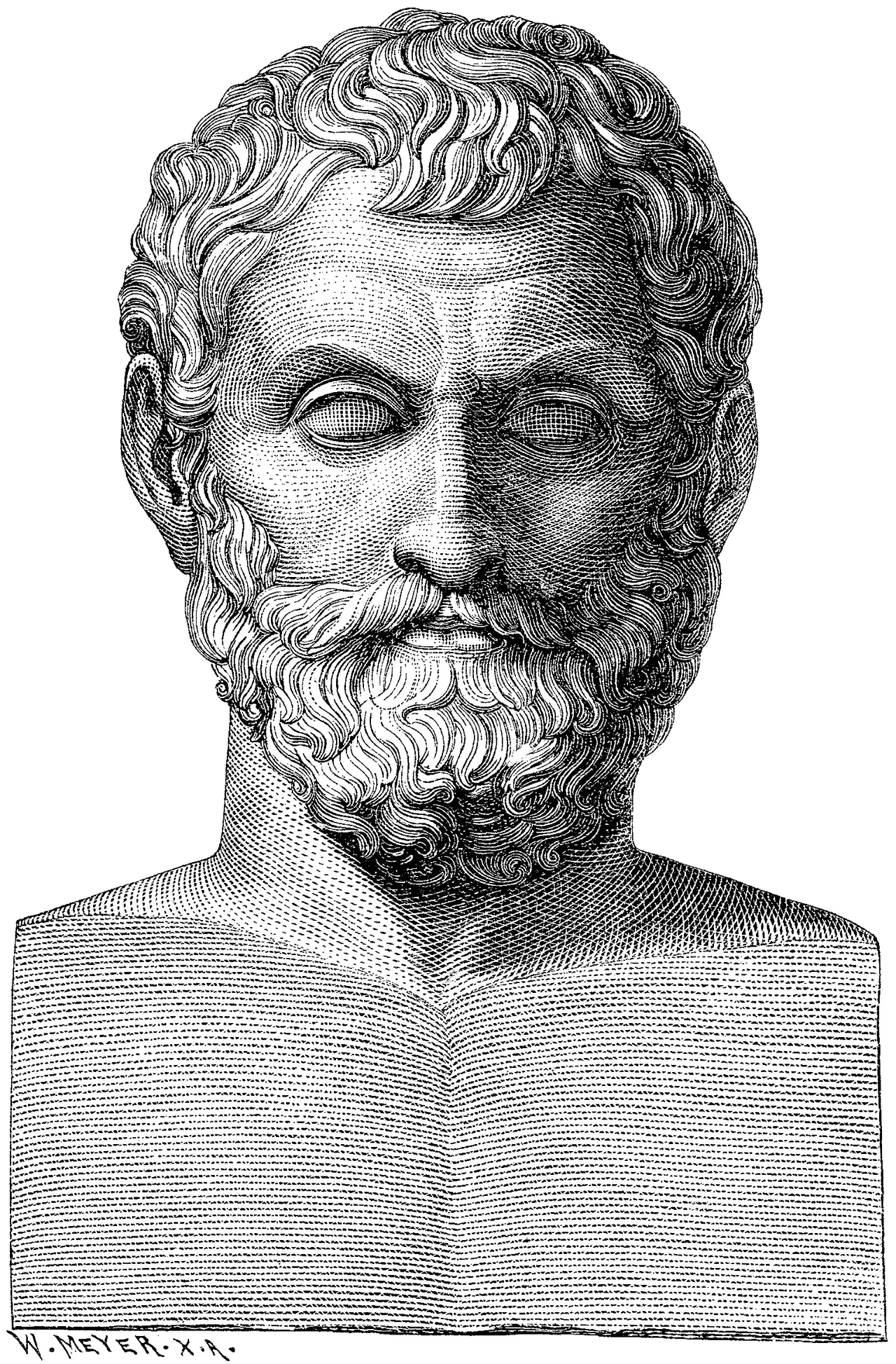 A 19th-century engraving of Thales of Miletus, bearded and wearing a laurel wreath, in left-facing profile
