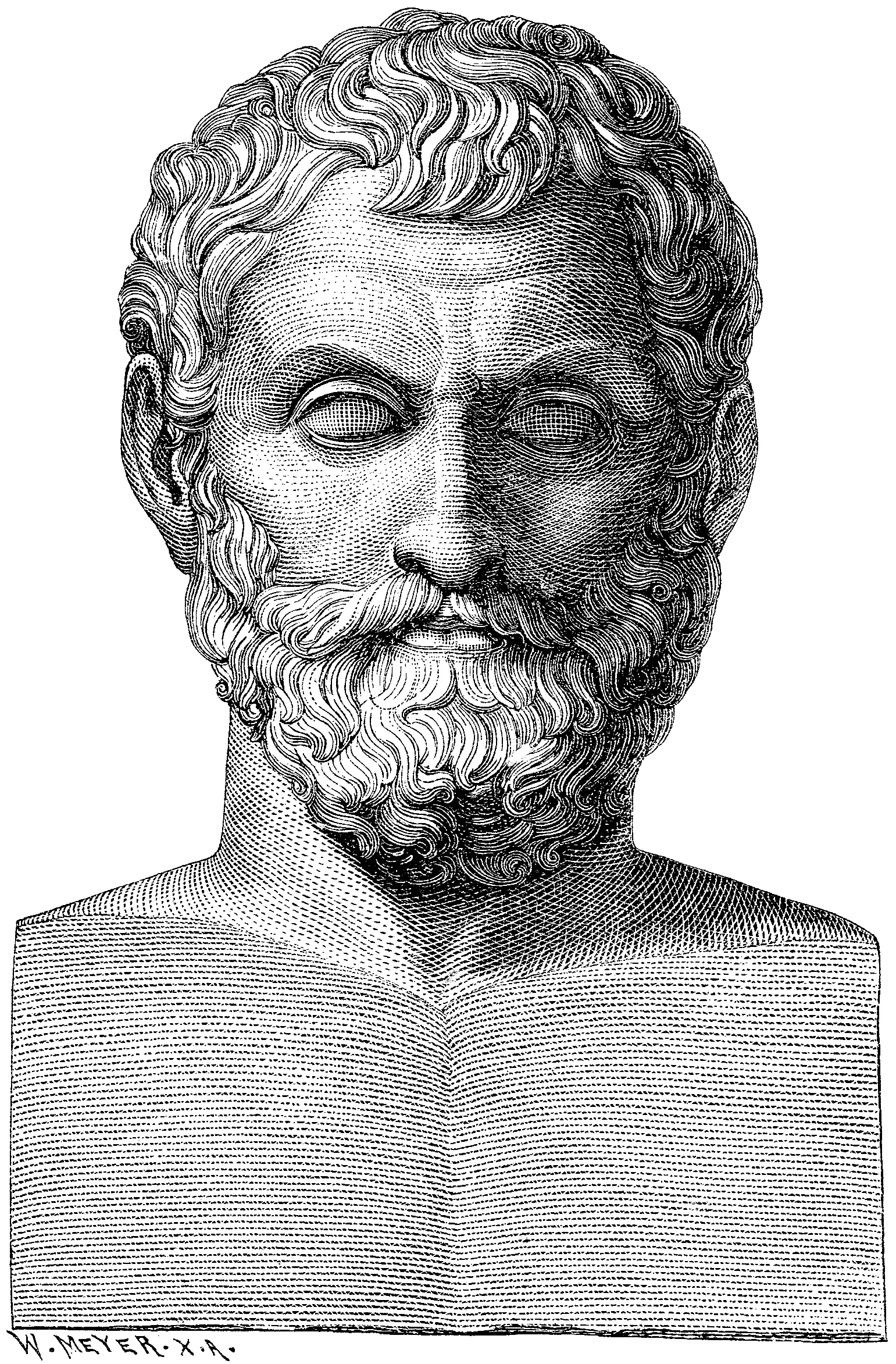 A 19th-century engraving of Thales of Miletus, bearded and wearing a laurel wreath, in left-facing profile