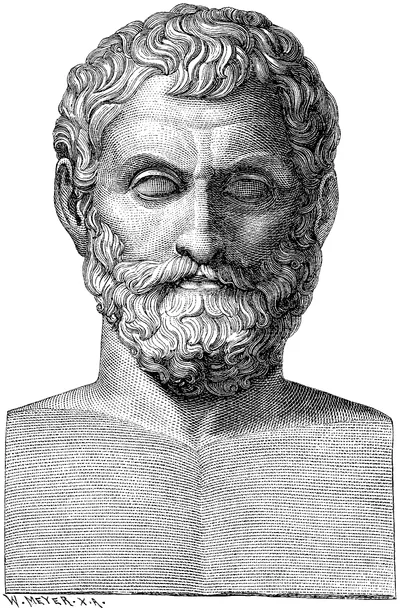 A 19th-century engraving of Thales of Miletus, bearded and wearing a laurel wreath, in left-facing profile