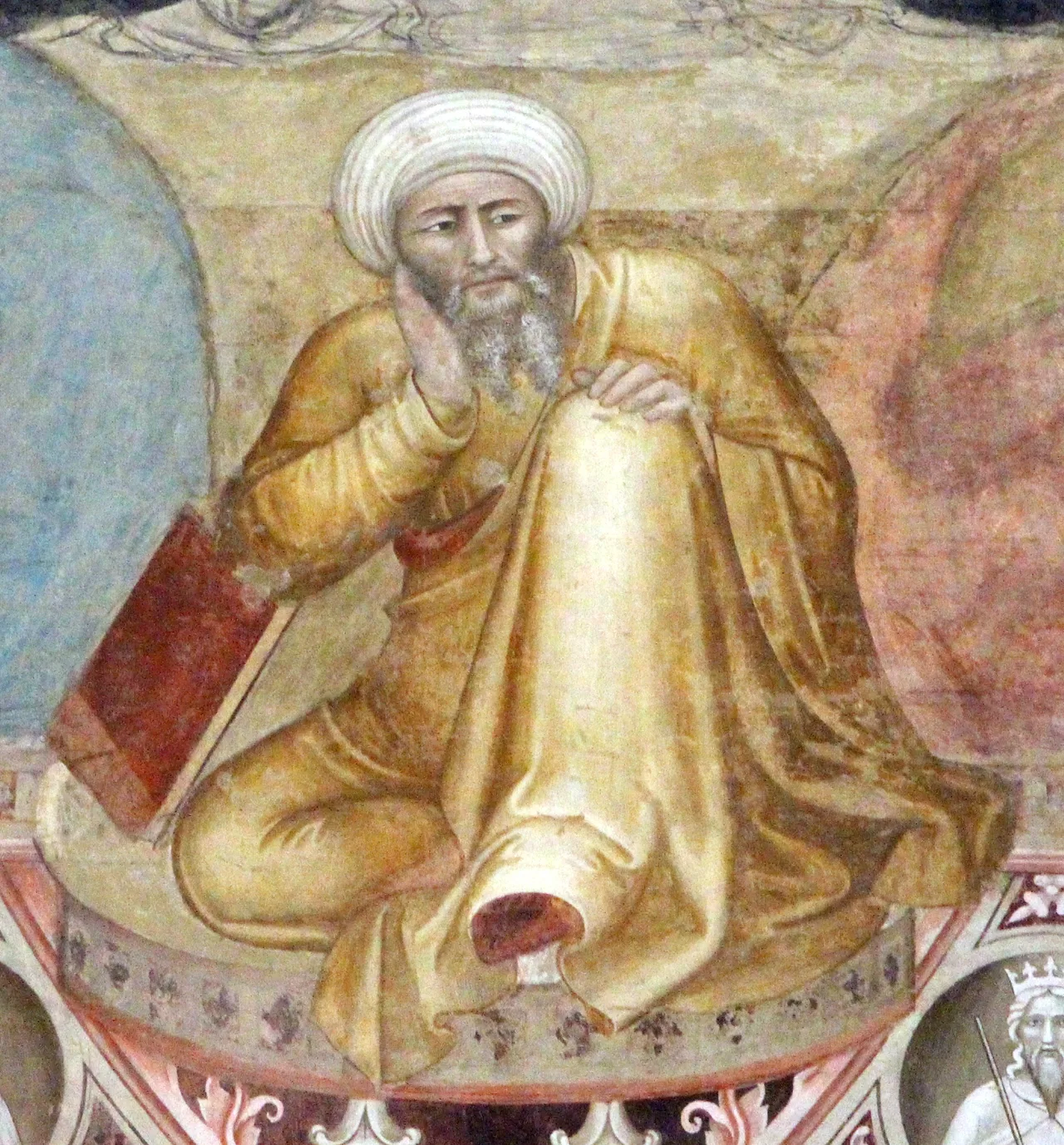 A fresco detail by Andrea di Bonaiuto: a seated figure of Averroes, head lowered, holding a book representing Aristotle