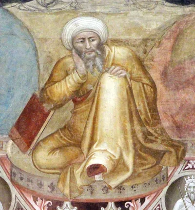 A fresco detail by Andrea di Bonaiuto: a seated figure of Averroes, head lowered, holding a book representing Aristotle