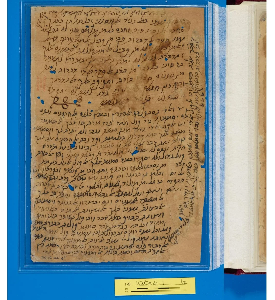 A manuscript page in Maimonides' hand: Arabic text written in Hebrew letters, with marginal corrections