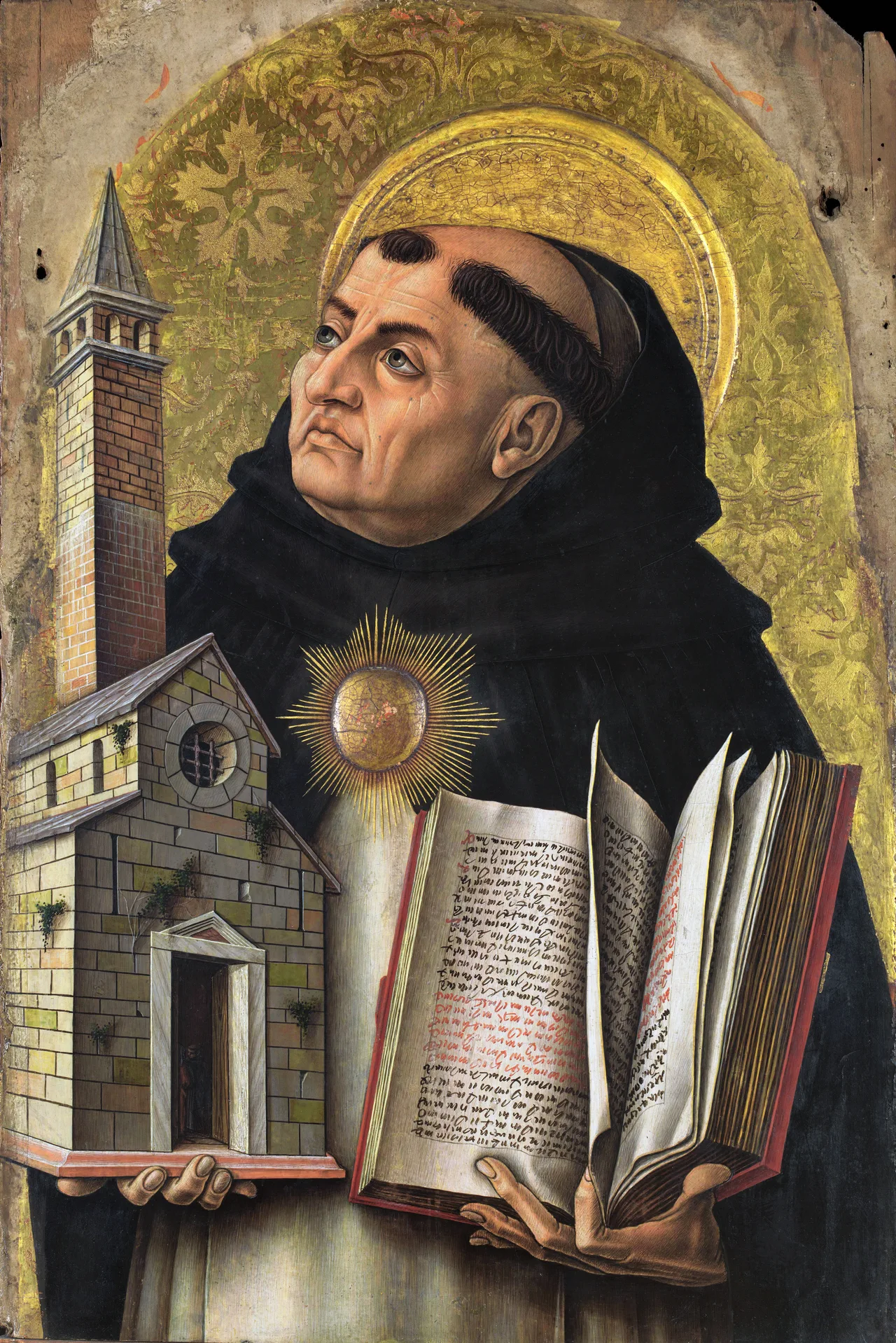 Carlo Crivelli's portrait of Saint Thomas Aquinas: in white-and-black Dominican habit, holding a book, a bright star on his forehead