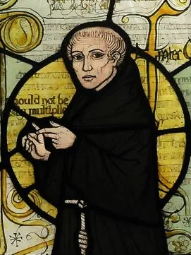 A stylised medieval manuscript drawing of William of Ockham: a bearded friar in Franciscan habit