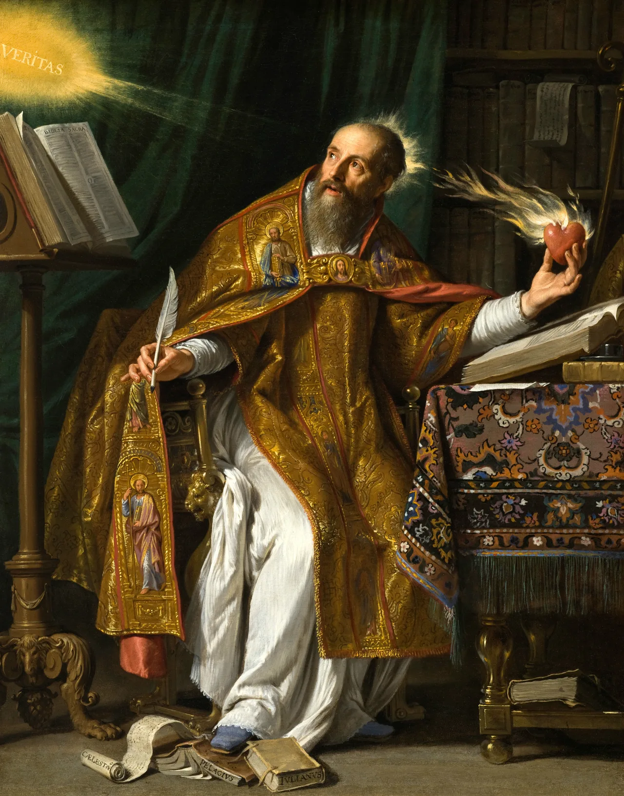 Philippe de Champaigne's 17th-century oil: Augustine holds a burning heart and looks up toward a light above