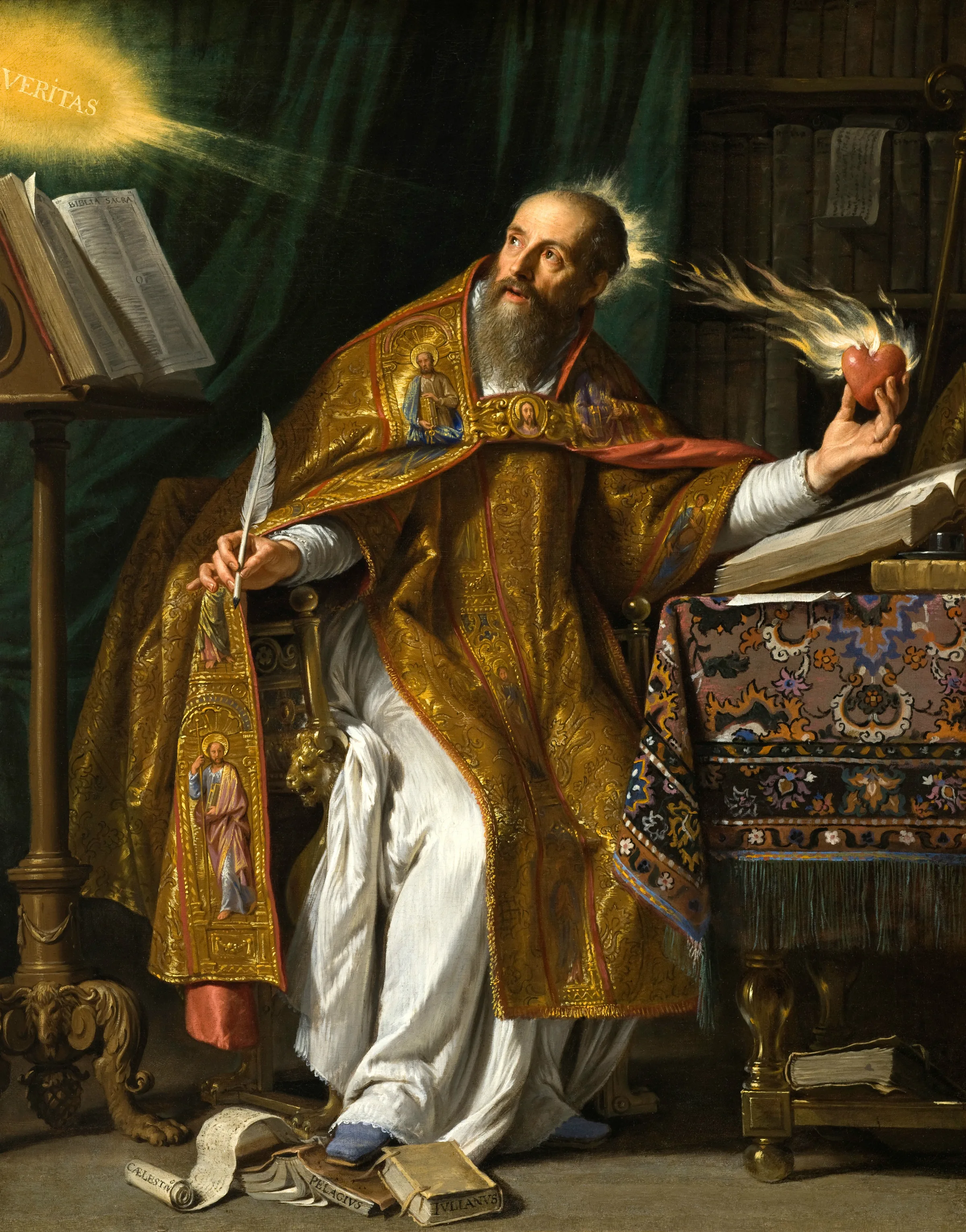 Philippe de Champaigne's 17th-century oil: Augustine holds a burning heart and looks up toward a light above